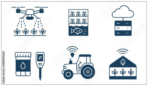 Smart Agriculture & Eco Farming Icon Set – Drone Spraying, Cloud Data, Autonomous Tractor & Aquaponics in Minimal Dark Blue Vector