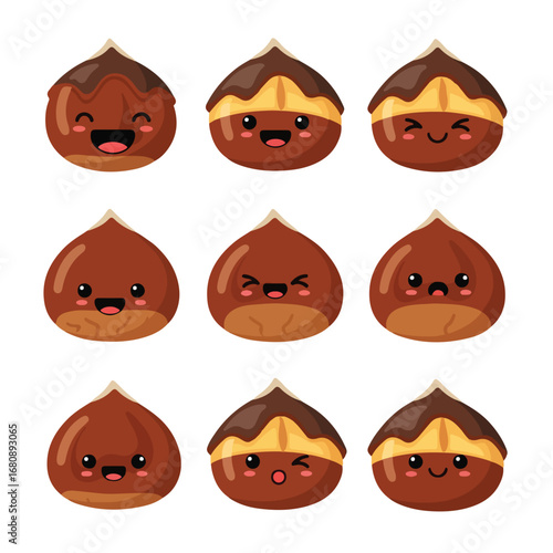 Cute kawaii chestnuts with happy faces and different emotions illustrated