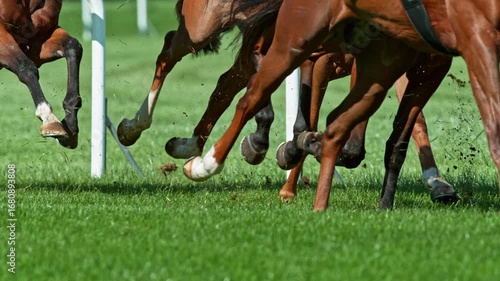 Super Slow Motion of Running Horses on Derby in Detail of Horses Legs. Filmed on High Speed Cinema Camera, 1000 fps. Outdoor Race.
