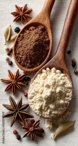 Wooden spoons with dark cocoa powder and light-colored spice blend, surrounded by star anise, peppercorns, and cardamom