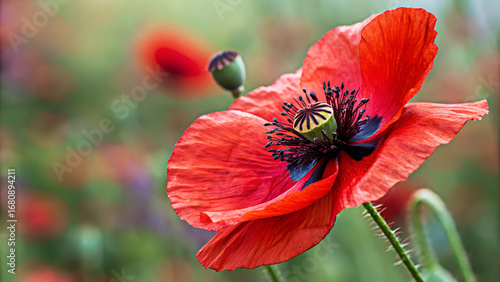 Beautiful blooming poppy with detailed petals and blurred backdrop