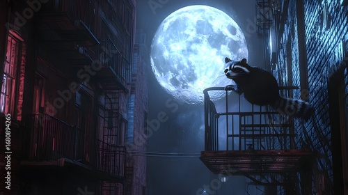 Fototapeta Naklejka Na Ścianę i Meble -  A raccoon surveys its city domain under the enchanting glow of a full moon.