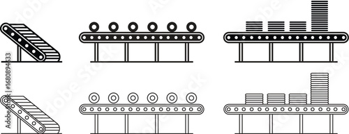 Conveyor belt flat, line icon set. Industrial production symbol, manufacturing factory automation equipment illustration, logistics machinery process vectors design isolated on transparent background.