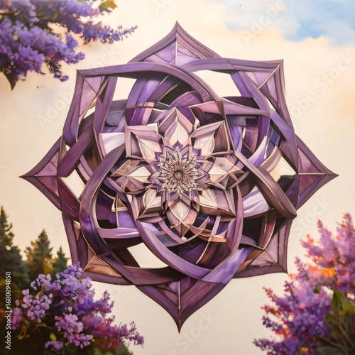A stunning, intricate mandala design, showcasing a complex interplay of layered purple shapes and delicate details, set against a soft pastel backdrop.