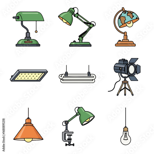 Collection of diverse lighting fixtures including desk lamps ceiling lights and studio equipment