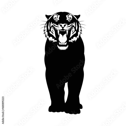Fierce tiger roaring silhouette isolated on white background