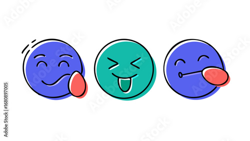 Blue green emoji faces with playful expressions coral