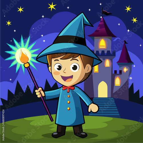 Cheerful little wizard boy holding a glowing staff