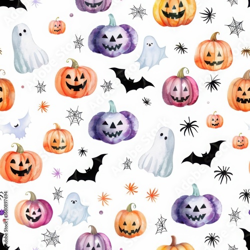 Seamless halloween pattern featuring hand-drawn watercolor pumpkins and bats in various sizes and colors