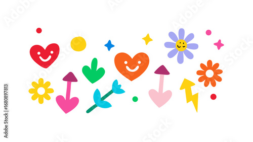 Cheerful hearts flowers and arrows smiley faces yellow