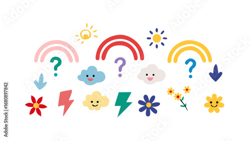Cheerful Rainbows Clouds Lightning Bolts Flowers vector