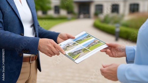 Two individuals exchanging a brochure featuring scenic landscapes and properties, showcasing real estate opportunities in a vibrant outdoor setting with lush greenery and a welcoming atmosphere