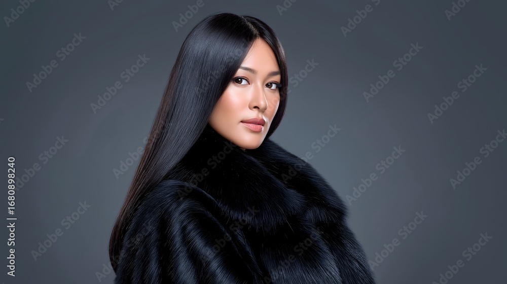 Fototapeta premium Asian woman with long, sleek hair, wearing a luxurious black fur coat, poses elegantly against a dark background, showcasing beauty and sophistication in fashion photography