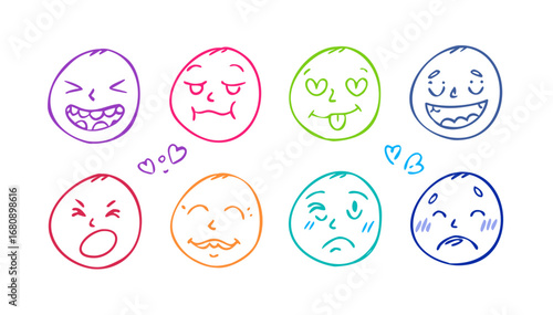 Colorful doodle faces expressing emotions sketch