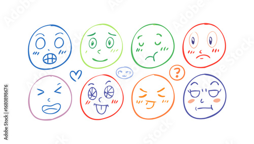 Colorful doodle faces expressive emotions vector