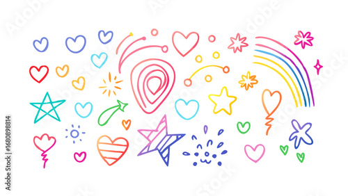Colorful doodle icons hearts stars rainbow vector