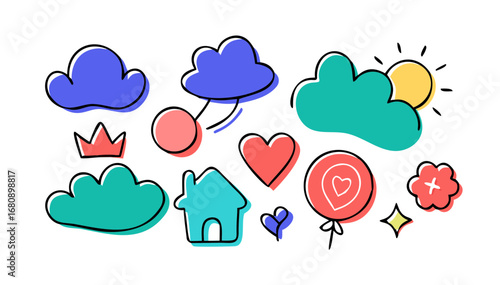 Colorful doodle icons playful whimsical