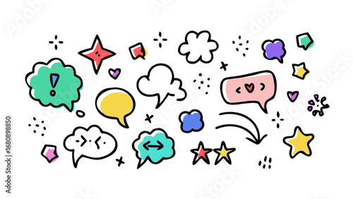 Colorful doodle speech bubbles and stars exclamation mark