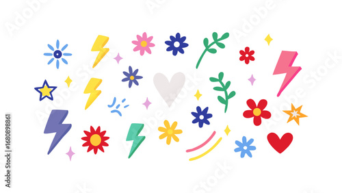 Colorful Flowers Lightning Bolts Stars Hearts vector