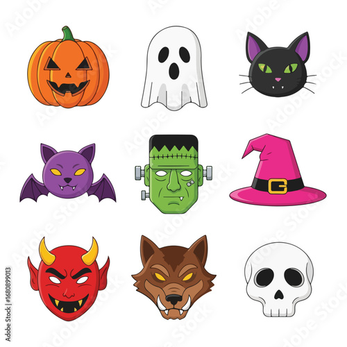 Collection of nine classic halloween characters and symbols including a pumpkin ghost frankenstein bat witch skull and werewolf