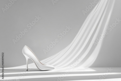 White high heel shoe on minimal surface, elegant modern styling, fashion accessory for women, simple clean design, sophisticated luxury footwear displayed with abstract shadows in stylish background
