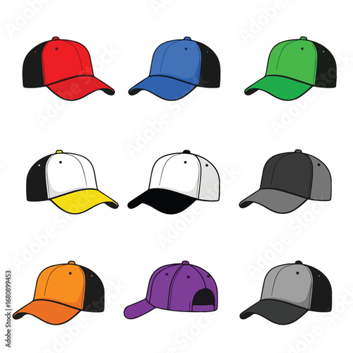 Collection of nine colorful baseball caps displayed in a three by three grid