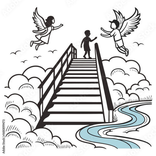 Minimilist illustration of a child walking up stairs to angels above clouds and a river in black and white vector