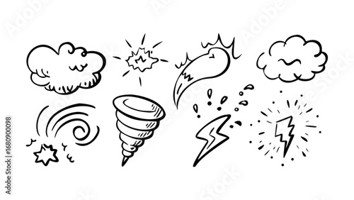 Comic weather elements doodle storm lightning