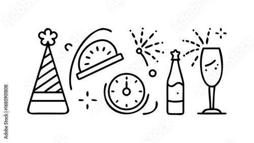 Festive New Year Celebration Icons fireworks clock
