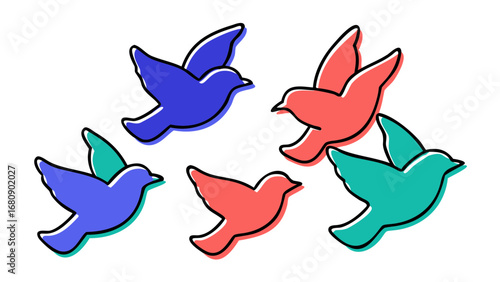 Flying birds silhouettes in vibrant colors blue coral
