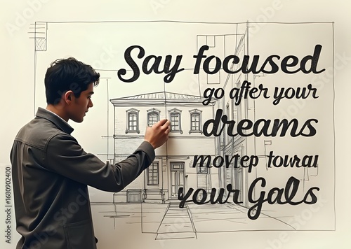 Architect Adding Motivational Quote to Blueprint