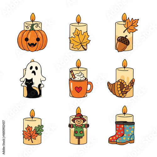 Collection of nine charming hand drawn candles with autumn and halloween themes