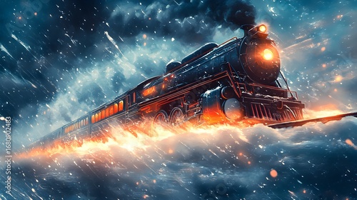 A magical steam train bursts through a fiery, snow-filled night, full of wonder.