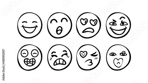 Hand drawn emoji faces with different expressions emotions