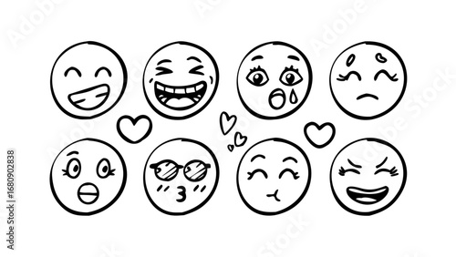Hand drawn emoji faces with different expressions vector