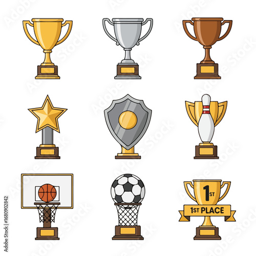 Collection of nine different sports trophies and awards representing victory and achievement
