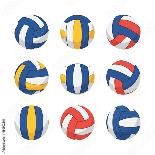 Collection of nine colorful volleyballs arranged in a grid pattern isolated on white background
