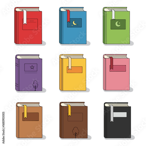 Collection of nine colorful closed books with bookmarks displayed in a grid format