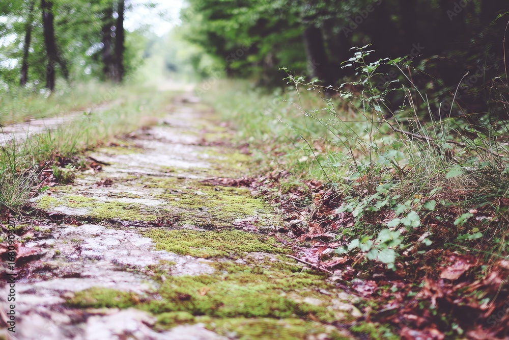 Obraz premium A mossy stone path winds through a verdant forest