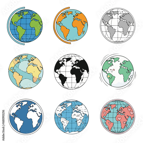 Collection of nine diverse hand drawn globes showcasing different styles and continents of earth