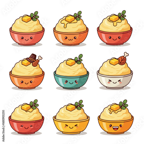 Cute cartoon bowls of mashed potatoes with happy faces and garnishes