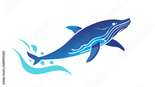Majestic blue whale breaching with stylized waves ocean