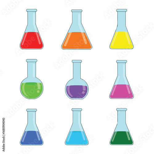 Collection of nine colorful laboratory flasks filled with various liquids for scientific experiments