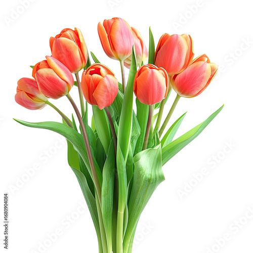 A close-up of a vibrant bouquet of tulips.  The blossoms are a mix of coral and peach, with varying shades.  Fresh green leaves and stems complete the arrangement