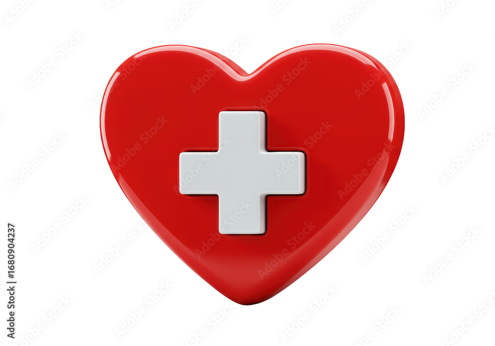 Obraz premium Isolated shiny red heart with white cross symbol for medicine, healthcare, insurance, and charity