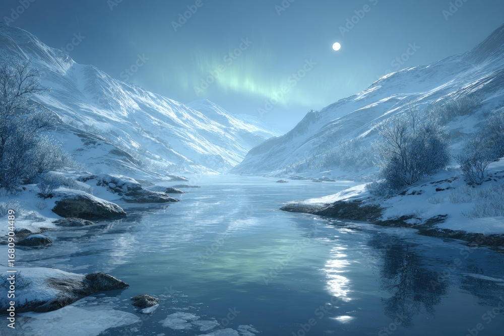 Fototapeta premium Frozen mountain valley with icy lake under a pale sky and aurora borealis