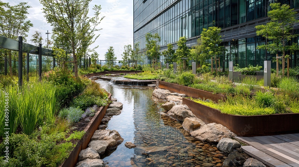 Fototapeta premium Green environmental protection theme, in the multi - tiered urban rain garden, rainwater flows into the storage pool through plant filtration, water quality monitors stand beside, background is glass 