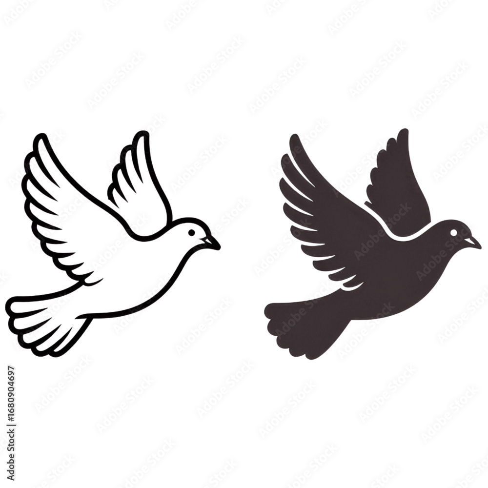 Fototapeta premium Two doves in flight one outlined and one solid color illustration art on transparent background