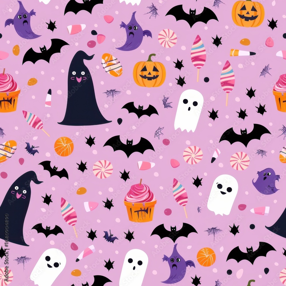 Seamless halloween pattern featuring pumpkins bats and ghosts on a dark background Seamless halloween pattern featuring pumpkins bats and ghosts on a dark background