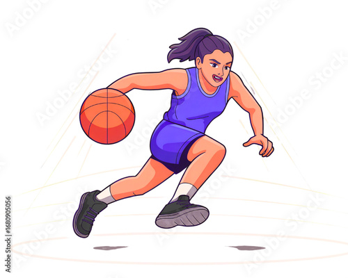 Illustration of a female basketball player dribbling a basketball fast on transparent background